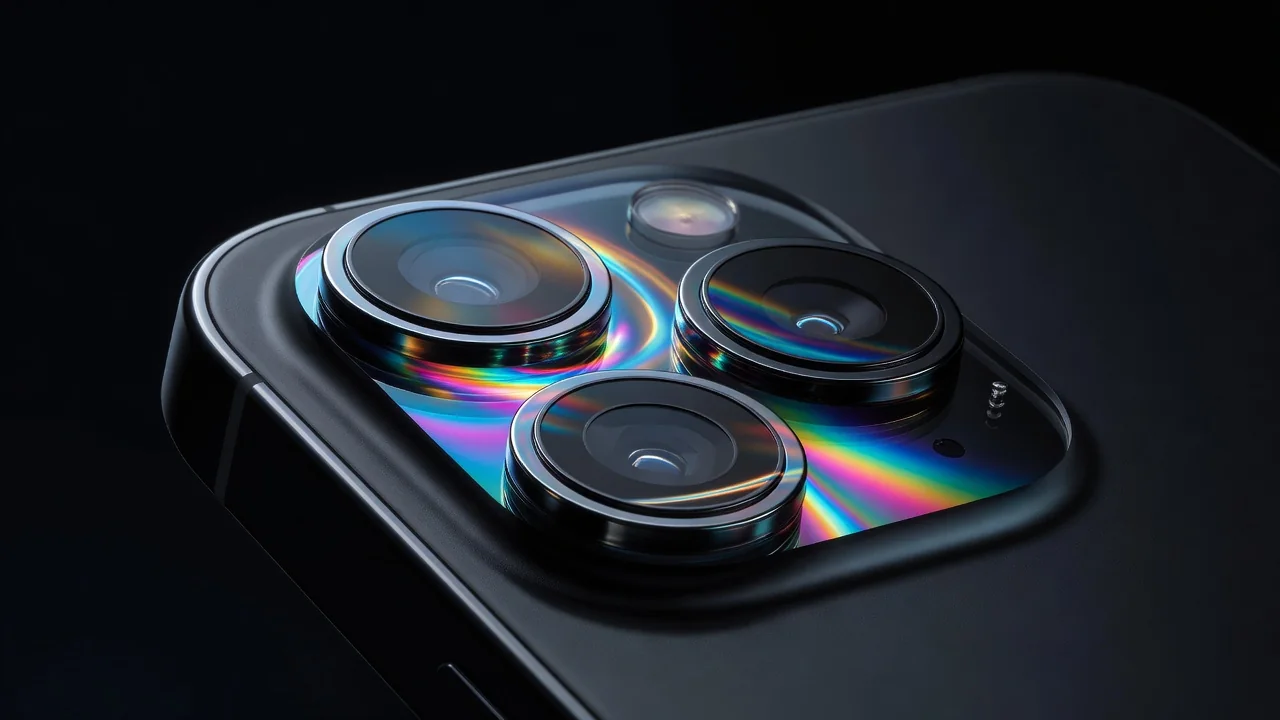 Close no módulo de câmeras de um smartphone premium