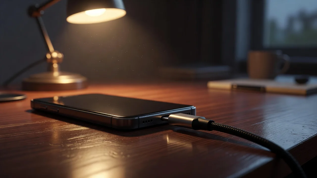 Smartphone carregando em base sem fio com cabo ao lado