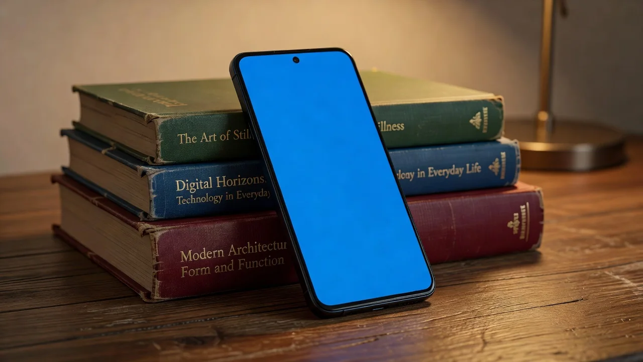 Smartphone intermediário moderno com tela brilhante sobre fundo azul