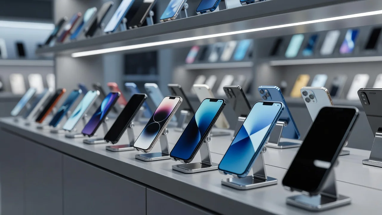 Vitrine de loja com vários modelos de celulares expostos