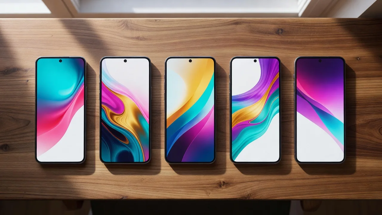 Linha de smartphones 2026 sobre mesa, telas acesas com interfaces coloridas